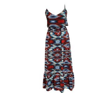 Cynthia Vincent 100% silk light maxi red blue white adjustable maxi dress S